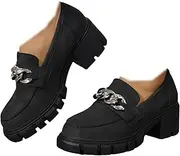 [ZJWBB] Vintage Platform Loafers for Women Comfort Chunky Heel Slip On Round Toe Business Work Shoes, Black, 6
