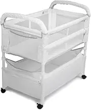Arm’s Reach Clear-Vue Co-Sleeper Bedside Bassinet Featuring Clear Mesh Panels with Fold-Down Side, Large Attached Storage Basket, 4 Wheels, and Height-Adjustable Legs, White