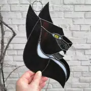 Wild Scary Cat Stained Glass Gothic Art Window Panel - Witchy Animal Suncatcher