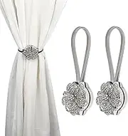 Sumnacon® 2 Packs Crystal Curtain Magnetic Tieback Flower Curtain Clips Buckle with Stretchy Wire Rope for Home Office Decoration (Silver)