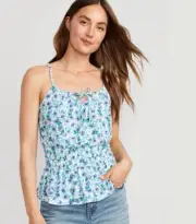 Old Navy Women Size XS ~ Blue Floral Sleeveless Linen-Blend Smocked Top $25 NWT