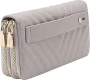 [B BRENTANO] Vegan Leather Double Zipper Pocket Wallet with Grip Hand Strap, Chevron Embroidered Gray, Wallet With Hand Grip