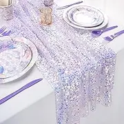 QueenDream Sequin Iridescent Table Runner 25x120 Inches Purple Table Runners Sparkly Lavender Fabric Mermaid Party Decorations