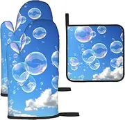 3 pcs Oven Mitts and Pot Holders Set 500°F Heat Resistant Oven Gloves and Hot Pads Kitchen Mittens Bubbles Blue Sky Cooking Gloves Potholders for Baking Grilling