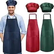 6 Pieces Chef Apron Set Kitchen Apron and Chef Hat Christmas Adjustable Apron with Pocket Butcher Hat Baker Costume Kitchen Apron for Men and Women (Red, Dark Green, Navy)