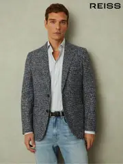 Reiss Navy/Grey Mineral Tweed Single-Breasted Blazer with Wool (B92193) | $610