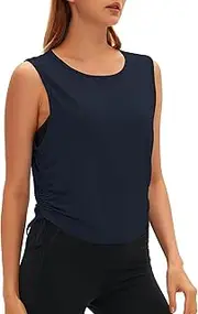 [windysun] Women Open Back Sleeveless Workout Tops Crew Neck Ruched Side Tanks Athletic Casual Loose Shirts