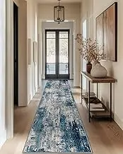 DEFYNEE Rug 60 x 300 cm Non-Slip Modern Style Rug, Short Pile Foldable Long Rugs, Machine Washable, for Hallways, Kitchens, Bedroom, Grey Blue