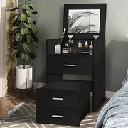 Alfordson Vanity Desk Dressing Table with Hidden Stool, Small Makeup Desk with Foldable Mirror and Multi Drawers, Corner Bedside Dressing Desk Chair Set for Bedroom Dressing Room, Black