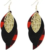 Dangle Earrings,Hinged Hoop,Drop,Girls' Earrings, Bohemian Multicolor Plaid Splicing Leaf Hook Shape Earrings Birthday Gift (Color : Gold, Size : One Size)