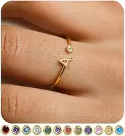 [FUNEIA] Initial Birthstone Rings for Women Teen Girls Non Tarnish Trendy Stackable Dainty Gold Letter Adjustable Emerald Green Cubic Zirconia Ring for Mothers Daughter Birthday Bridesmaid Gifts Jewelry