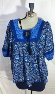 Old Navy Peasant Boho Top Blouse Blue White Floral short Sleeve S NWT Tassel