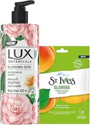 [Lux Botnicals] Glowing Skin Gardenia & Honey Body Wash With St.Ives Glowing Apricot Sheet Mask,100% Natural Extracts,(450ml+1 unit)