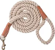 PetTify Dog Leash Braided Cotton Rope with Leather Tailor Handle and Heavy Duty Metal Sturdy Clasp - Strong and Eco-Friendly Lead for Dog Training and Walking (1.5m) (Grey)