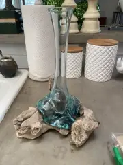 Beautiful XL Hand Blown Vase - Molten Glass On Driftwood Long Neck
