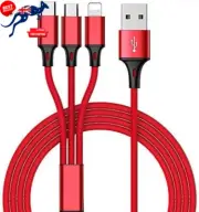 3-in-1 Multi USB Charger Cable 1.2M (4Ft) USB to Lightning, Type-C - 2Pack Red