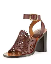Chloe Kelby Crocheted Leather Block-Heel Sandal, Bordeaux $815 Size 38