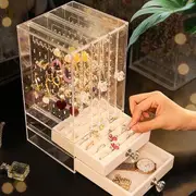 Acrylic Jewelry Box B - 3 Doors & 2 Flannel Accessory Drawer Organizer - Transparent - One Size