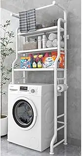 3 Shelf Bathroom Space Saver with Hanging Rod, Over The Toilet Rack Washing Machine Storage Organizer, Freestanding Bathroom Tower Shelf Easy Assembly White