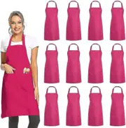 12 Pack Plain Bib Aprons With 2 Pockets - Pink Unisex Commercial Apron Bulk For Kitchen Cooking