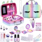 Girls Makeup Kit for Kids, Unicorn Cosmetic Case Travel Bag, Washable 27 in 1 Re