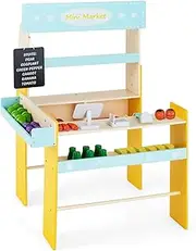 HONEY JOY Wooden Grocery Store for Kids, Pretend Supermarket Stand w/Wooden Cash Register, POS Machine, Scanner, 36 Cutting Vegetables & Fruits, Chalkboard, Role Play Set for Boys Girls 3+ Years