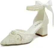 Lace Pearl Wedding Shoes for Bride Block Heel Bridal Closed 8, Ivory 1