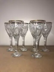 Set of 6 Pieces Cut Etched Crystal Wine Glasses, Grapes and Leaves Gold Rim, NEW