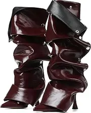 [VOMIRA] Women's Knee High Boots Stiletto Boots Pointed Toe High Heels Wide Calf Ruched Slouchy Boots Detachable Snap-off Panel Mid Calf Boots Black Boots