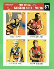 #D145. 2001 AFL ADELAIDE CROWS STICKER SHEET #16- SMART, EDWARDS, BODE, BIGLANDS