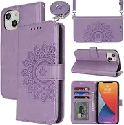 Cavor Crossbody Wallet for iPhone 13 Mini 5.4'' PU Leather Case Magnetic 3D Embossed Flower Women Flip Kickstand with Card Holder Shoulder Lanyard Protective Cover-Long Strap Flower Purple
