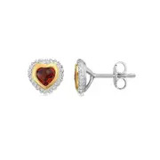 18k Gold And Sterling Silver Red Heart Garnet Stud Earrings