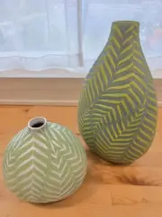 Crate & Barrel Tavira Vases SET OF TWO 7" & 12" Green & White Enamel Leaves