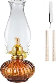 Large Oil Lamp for Indoor Use,Rustic Kerosene Lamp with 2 Pcs Wicks and 1 Tweezers,Glass Hurricane Lantern for Home Emergency Lighting (Brown)