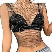 [Mini Kitty] Women Sexy Mesh Tops Long Sleeves Glitter Tank Top Dress Rhinestone Fishnet Club Dress See Through Shirt Crop Top Lingerie Smock Mini Skirt Nightgown for Party Outfits Valentine