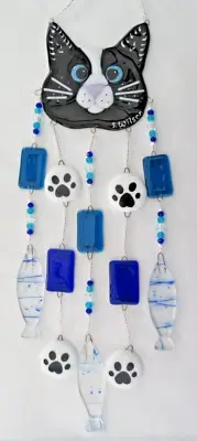Handcrafted Fused Glass Whimsical Black/White Tuxedo Cat (Blue eyes) Wind Chime