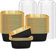 50 Pcs 10 oz Baking Cups Aluminum Foil Cupcake Cups with Lids Square 300 ml Cake Pan for Desserts Flans, Creme Crisp Cups, Pudding Jello Cups, Catering Party Black Gold