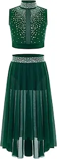 [Aislor] Kids Girls Ballet Jazz Lyrical Dance Outfit Shiny Rhinestone Sleeveless Crop Top with Skirt Set for Competition