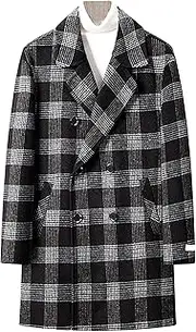 [Qolkmuiy-GJ] Mens Stylish Plaid Trench Coat Casual Wool Blend Top Pea Coats Winter Long 2 Breasted Classic Overcoat