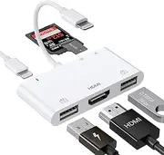 Lightning to HDMI Adapter with USB Camera and Charging Port, SD Card Reader for iPhone, 6 in 1 Camera Adapter to iPhone, Supports MIDI Keyboard, Mouse, HD TV/Projector/Monitor, Plug & Play