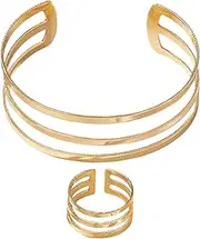 [Generic] Ring and Bracelet Sets, Jewelry for Women, 2.36 Inches Stackable Bangles, Trendy Three Layer Hollow Cuff for Prom, Bridal, Holidays, Birthdays & Special Occasions