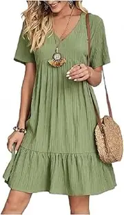 [Generic] Women's Summer Casual Mini Dress, Short Sleeve Ruffle V Neck Elegant Boho Hem Swing Skater Dresses
