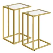 C Shaped End Table Set of 2, Tempered Glass Snack Side Table with Metal Frame...