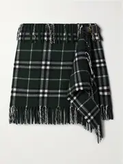 [Burberry] Burberry - Fringed Checked Wool And Cashmere-blend Flannel Mini Wrap Skirt - Dark green - medium medium Green