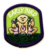 Vintage Girl Scout Early Bird Patch 2002 Monkey & baby birds with Purple Border