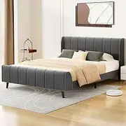 ALFORDSON Bed Frame Base Double Size HUNDOLF Series, Mattress Topper Platform Foundation with Velvet Upholstery for Bedroom, Velvet Grey