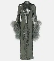[Taller Marmo] Taller Marmo Del Rio feather-trimmed sequined midi dress AU 6 silver
