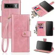 [Antsturdy] for Google Pixel 6 Pro Wallet case with Card Holder for Women Men,Pixel 6 Pro Phone case RFID Blocking PU Leather Flip Shockproof Cover with Strap Zipper Credit Card Holder Slots,Rose Gold