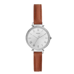 【FOSSIL】晶鑽石英女錶 皮革錶帶 銀色錶面 防水 羅馬數字(ES4446)