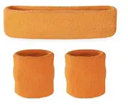 WRISTBAND & HEADBAND SET Tennis Terry Towelling Cotton Sweat Band Team Gym - Orange
